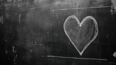 A simple heart shape drawn in white chalk on a textured blackboard surface, symbolizing love and creativity, perfect for educational or artistic themes.の素材