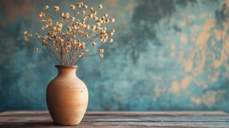 This image features a charming arrangement of dried flowers in a rustic clay vase against a beautifully textured blue background, creating a serene and elegant atmosphere.の素材