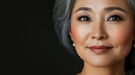 A beautiful portrait of an elegant mature woman with gray hair and soft makeup. The serene expression captures confidence and grace in a close-up shot.の素材