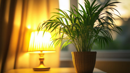 A serene indoor scene featuring a lush green plant beside a softly glowing lamp, creating a cozy ambiance perfect for relaxation in any living space.の素材