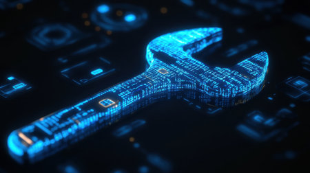 Stunning digital illustration of a wrench tool made from binary codes, set against a technology backdrop. Ideal for concepts of innovation and automation.の素材