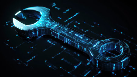 A digital wrench set against a backdrop of binary code, symbolizing innovation in tools and technology for modern engineering and maintenance applications.の素材