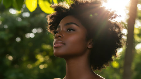 A graceful young woman with natural hair gazes thoughtfully into the distance, illuminated by warm sunlight filtering through lush greenery.の素材