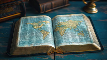 A beautifully detailed vintage world map lies open in an antique book. The warm wooden table enhances the rustic charm, creating an inviting setting for exploration and education.の素材