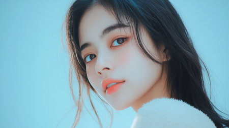 A captivating portrait of a young woman with flawless skin and soft makeup against a soothing blue background. Her serene expression and gentle gaze evoke a sense of tranquility.の素材