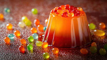 This stunning image showcases a vibrant jelly dessert topped with colorful edible beads, perfect for capturing the essence of festive celebrations and culinary creativity.の素材