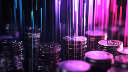 A captivating close-up of cryptocurrency coins set against a colorful light streak background, representing modern finance and digital investment opportunities.の素材