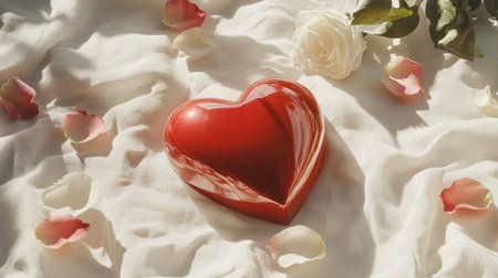 A vibrant red heart shape sits elegantly on soft fabric, surrounded by delicate rose petals. This romantic setup captures love and beauty for various occasions.の素材