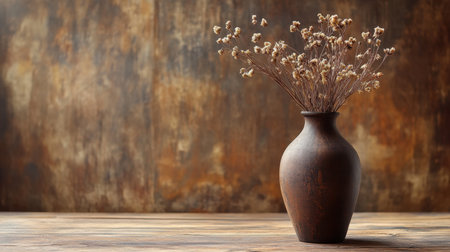 This image showcases a rustic vase holding dried flowers, set against a textured wooden background, creating a warm and tranquil atmosphere perfect for decor inspiration.の素材