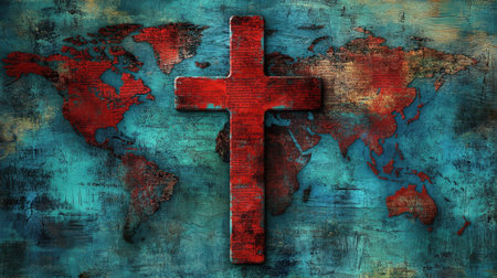 Artistic depiction of a red cross superimposed on a vintage world map. This textured background conveys themes of faith, unity, and global connection, ideal for various projects.の素材