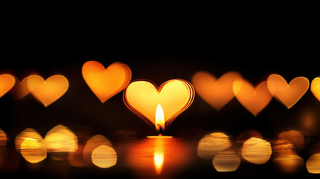 A captivating image featuring a single flickering candle surrounded by heart-shaped bokeh lights. This enchanting scene evokes feelings of love and warmth, perfect for romantic occasions.の素材