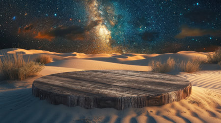 A rustic wooden platform sits in a serene desert landscape, illuminated by a breathtaking starry sky and a vibrant galaxy, creating a mystical atmosphere.の素材