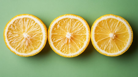 Bright and fresh lemon halves showcase their vibrant yellow color against a clean green background, perfect for culinary photography, food styling, or healthy lifestyle imagery.の素材