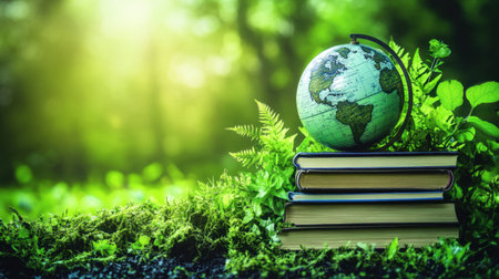 A vibrant globe rests on a stack of books amidst lush greenery, symbolizing the harmony between education and nature. Perfect for themes of learning and exploration.の素材