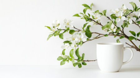 A white coffee mug rests beside a delicate apple blossom branch on a light background. This composition evokes freshness and tranquility, perfect for a serene atmosphere.の素材