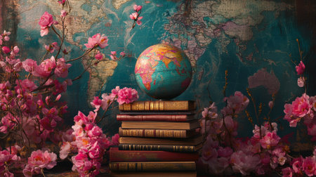 Vintage globe rests atop stacked books, surrounded by lush pink flowers. This vibrant composition symbolizes knowledge, travel, and cultural exploration, perfect for educational themes.の素材