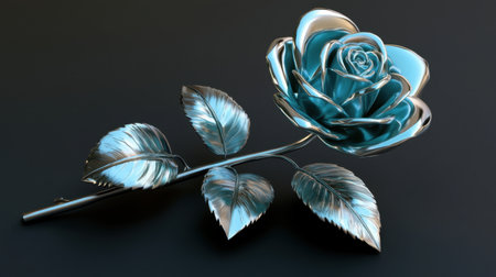 This stunning image features a shiny blue metallic rose resting on a dark surface, showcasing its elegant petals and leaves. Perfect for art and decoration.の素材
