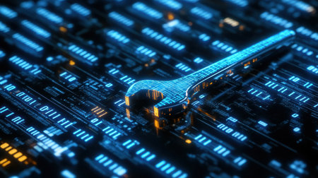 A futuristic digital wrench rests on a glowing circuit board, symbolizing innovation in technology and maintenance. This image captures the essence of engineering in the digital age.の素材