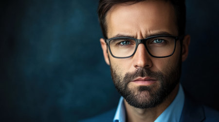 A strong portrait of a serious businessman with glasses against a dark backdrop. His confident expression and styled hair capture professionalism and intelligence.の素材