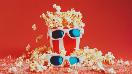 This vibrant image features popcorn spilling from a classic container, accompanied by stylish sunglasses. Perfect for summer fun, parties, or leisure activities.の素材
