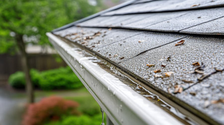 Close-up view of rainwater accumulating in a roof gutter with leaves and droplets. The image captures the serene beauty of nature during a rainy day.の素材