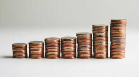 A series of coins organized in progressively taller stacks, representing financial growth and investment potential, set against a minimalistic light background.の素材