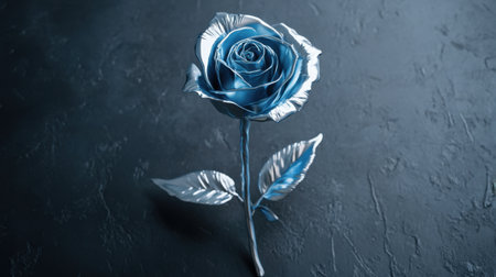 A stunning blue metallic rose elegantly displayed on a dark textured surface, perfect for decorative use and artistic inspiration. Ideal for gifts and arrangements.の素材