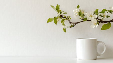 A serene image featuring a white mug placed on a clean table next to a blossoming branch. Perfect for conveying freshness and simplicity in a warm setting.の素材