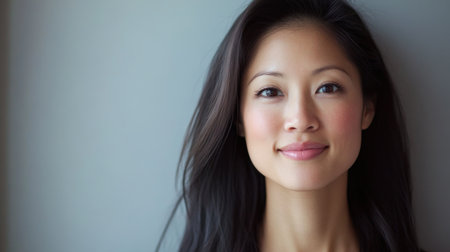 A beautiful young woman smiles softly in a close-up portrait, showcasing her long black hair and radiant skin. The serene expression exudes confidence and warmth.の素材
