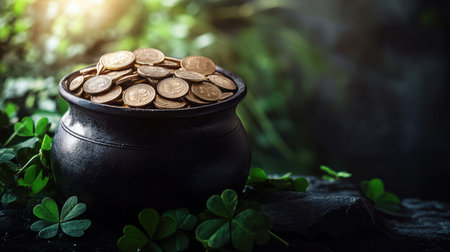A black pot filled with shiny gold coins rests among lush green leaves, creating a captivating scene that symbolizes wealth, prosperity, and natural beauty.の素材