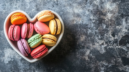 Vibrant macarons arranged in a heart-shaped bowl, set against a textured background. This delightful composition showcases colors and elegance for desserts.の素材