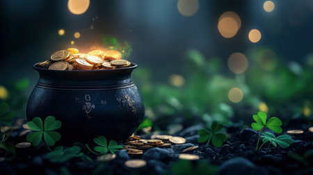 A mystical pot filled with gold coins glimmers in a serene forest setting, surrounded by lush green clover leaves, evoking themes of luck and prosperity.の素材