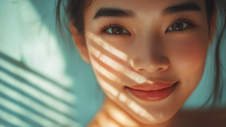 This captivating portrait features a young woman smiling softly, illuminated by natural light, creating a beautiful interplay of shadows and warmth on her skin.の素材