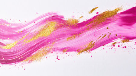 Vibrant abstract artwork featuring pink and gold brush strokes with shimmering glitter. Ideal for modern decor and artistic projects, bringing beauty to any design.の素材