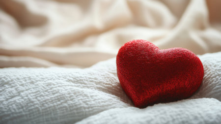 A soft red heart rests gently on a white blanket, embodying love and warmth. The natural light enhances the serene atmosphere, perfect for romantic themes.の素材