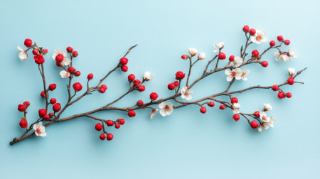 Beautiful branch featuring delicate white blossoms and vibrant red berries against a soft blue background, capturing the essence of springtime elegance.の素材