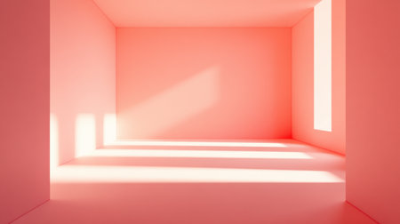 A serene interior scene featuring soft pink walls and dramatic light play. The minimalist design creates an open atmosphere, perfect for creative projects or modern decor inspiration.の素材