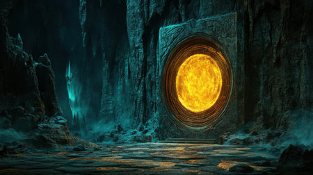 A captivating scene featuring a mysterious portal in a dark cave, illuminated by a glowing sun. The contrasts create a surreal, mystical atmosphere perfect for imaginative storytelling.の素材