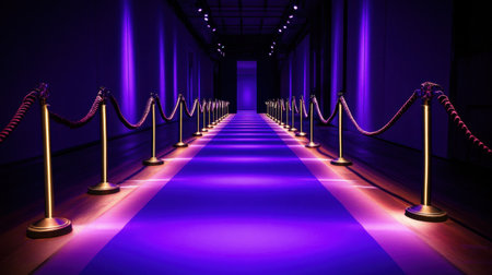 A stunning fashion runway featuring elegant purple lighting and red velvet ropes. This artistic setup creates a glamorous atmosphere for a special event.の素材