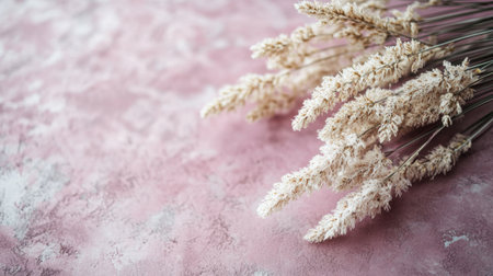 A beautiful arrangement of pampas grass on a soft pink background, perfect for adding a touch of elegance and warmth to any home decor or artistic project.の素材