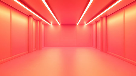 A vibrant neon pink room featuring futuristic lighting and an empty space. This modern interior design creates a striking visual impact, perfect for artistic concepts.の素材