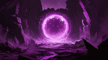 An enchanting scene depicting a mysterious portal surrounded by jagged rocks. The vibrant purple light emanates from the void, creating an ethereal atmosphere.の素材