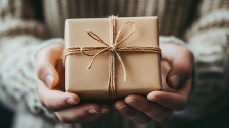 A close-up image of hands gently holding a beautifully wrapped gift box tied with twine, radiating warmth and coziness, perfect for conveying themes of celebration and giving.の素材