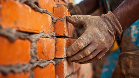 A skilled worker places a brick carefully in a wall during the masonry process, showcasing craftsmanship and dedication in construction work.の素材