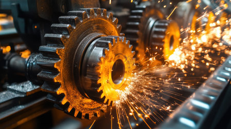 A close-up view of industrial gears in motion, creating bright sparks during the manufacturing process. This captivating image showcases the power of machinery in action.の素材