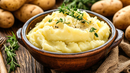 A bowl of creamy mashed potatoes garnished with fresh herbs like thyme and rosemary, set on a rustic wooden table, ideal for a comforting meal.の素材