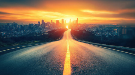 A stunning sunset casts a warm glow over a city skyline, as a smooth highway stretches towards the horizon, inviting adventure and exploration.の素材