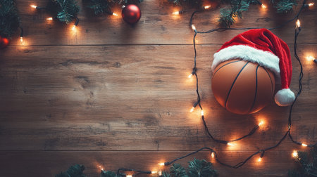 A unique seasonal image featuring a basketball adorned with a Santa hat, surrounded by glowing Christmas lights and festive decor on a rustic wooden background.の素材