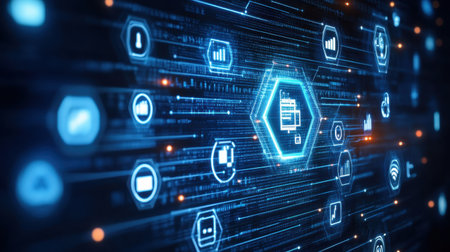 Vibrant digital technology network interface showcasing glowing data connectivity. The image features a futuristic design filled with abstract elements and icons.の素材