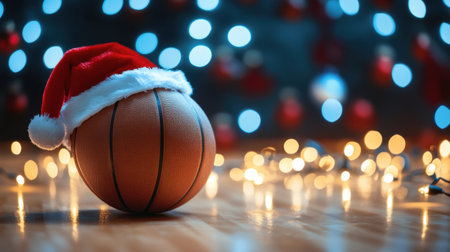 A festive basketball adorned with a Santa hat sits on a wooden floor, surrounded by twinkling Christmas lights, capturing the holiday spirit in a playful scene.の素材